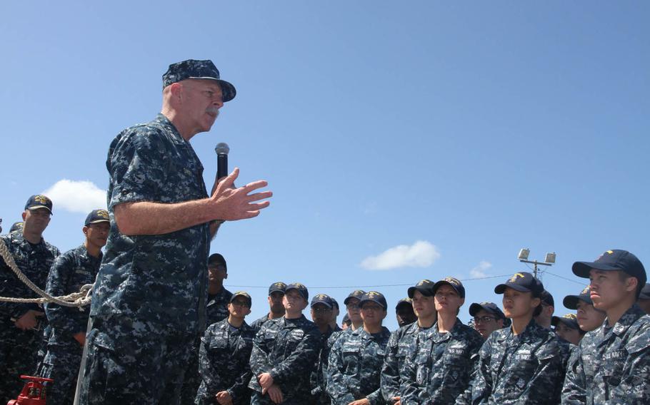 Adm. Scott Swift, U.S. Pacific Fleet commander, speaks to sailors during an all-hands call aboard the USS Momsen Tuesday, April 26, 2016, at Joint Base Pearl Harbor-Hickam, Hawaii. The Momsen and two other Arleigh Burke-class destroyers arrived a week ago from the West Coast and will deploy for seven months as a surface-action group under the 3rd Fleet Forward initiative, which is Swift's brainchild.