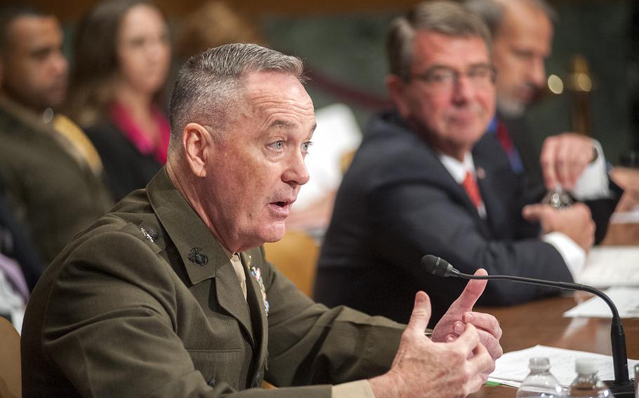 Chairman of the Joint Chiefs of Staff Gen. Joseph Dunford testifies on Capitol Hill in Washington, D.C. on Wednesday, April 27, 2016, during a hearing before the Senate appropriations subcommittee for defense.