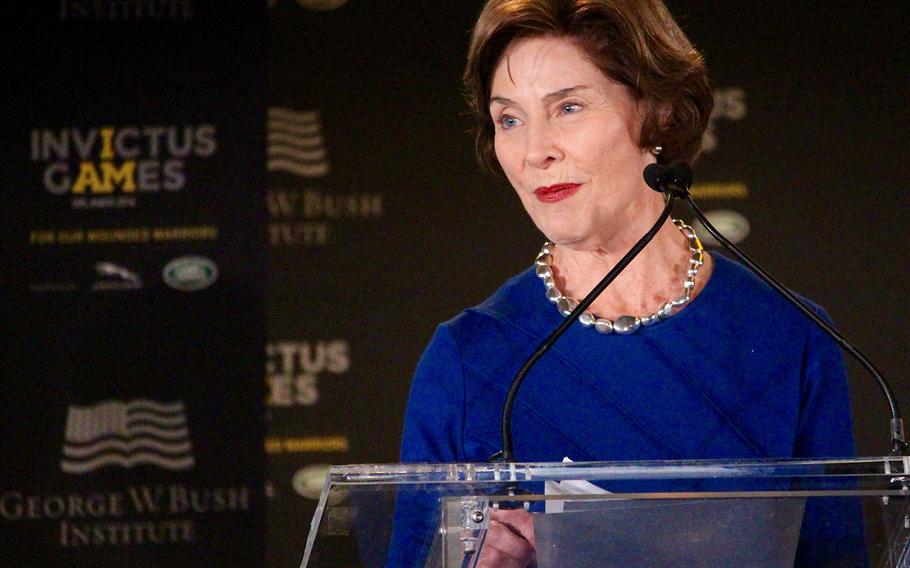 Former First Lady Laura Bush speaks at the 2016 Invictus Games Symposium on Invisible Wounds, Sunday, May 8, 2016 at Orlando, Fla.