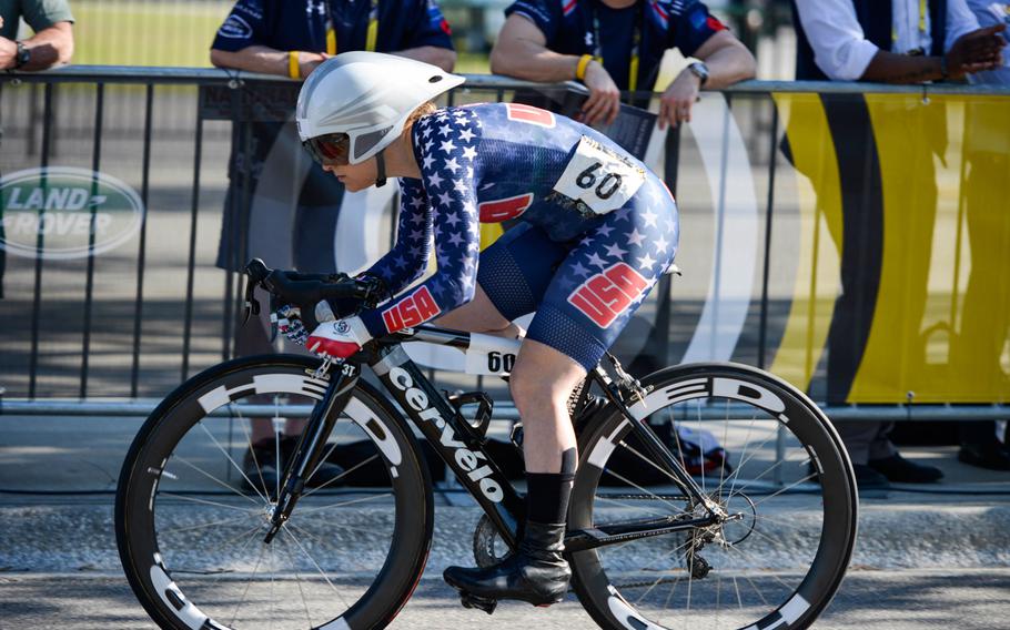 Army 2nd Lt. Jennifer Schuble (Ret.), Team US, races from the start line during the cycling finals at the 2016 Invictus Games at the ESPN Wide World of Sports complex at Walt Disney World, Orlando, Fla., May 9, 2016. The 2016 Invictus Games officially kicked off with the ceremony May 8, and 15 nations will compete through May 12 in multiple adaptive sports events.
