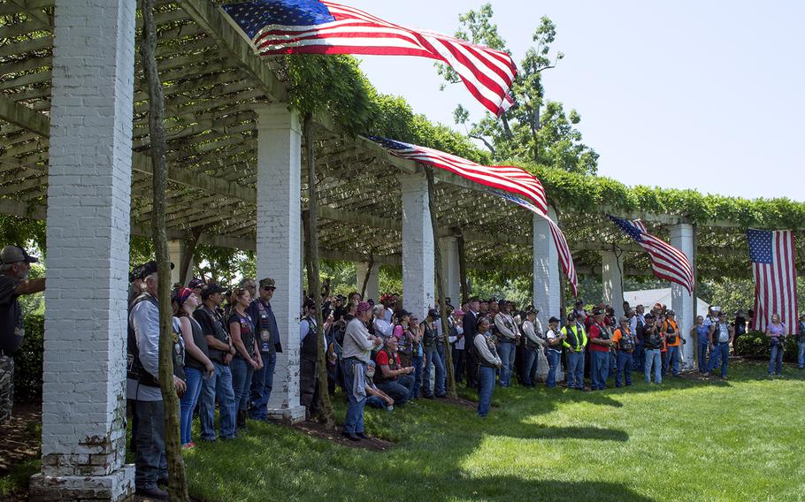 On Saturday, more than 150 American Legion riders were joined by Gold Star family members as they walked through the gates at Joint Base Myer-Henderson hall to the large monument for a wreath-laying ceremony at the Civil War Unknowns Monument. 