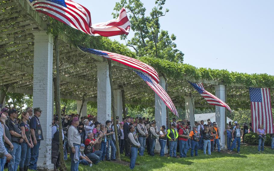 American Legion members hold a wreath-laying ceremony at the Civil War Unknown Monument - the original Tomb of the Unknown Soldier - at Arlington National Cemetery on May 28, 2016. Here, the American Legion gather at the James Tanner Amphitheater for the start of the event.