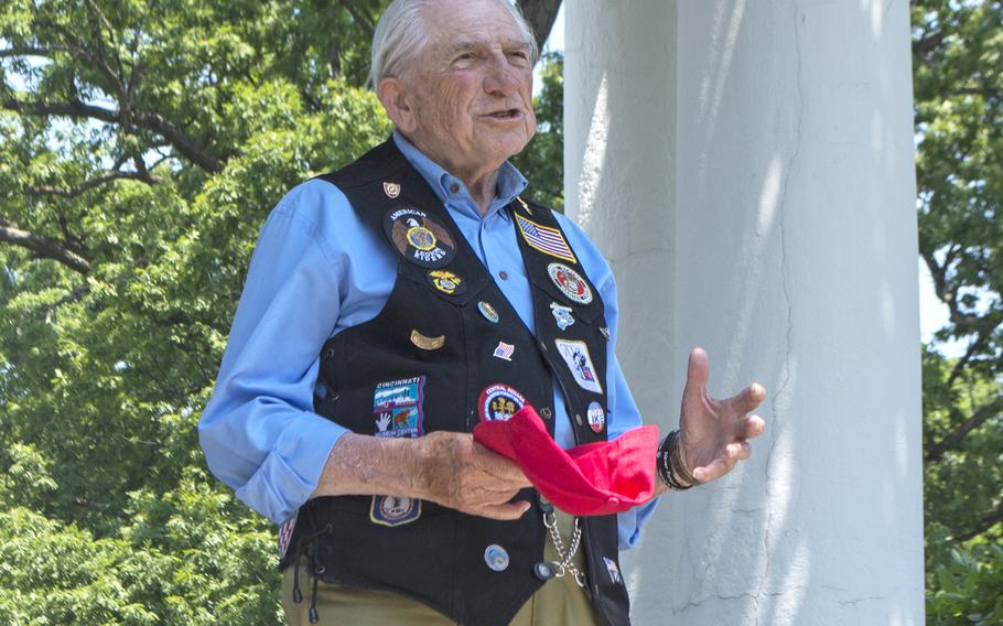 American Legion members hold a wreath-laying ceremony at the Civil War Unknowns Monument - the original Tomb of the Unknown Soldier - at Arlington National Cemetery on May 28, 2016. Here, E. Bruce Heilman speaks at the James Tanner Amphitheater. 