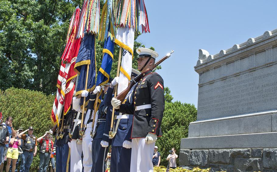 American Legion members hold a wreath-laying ceremony at the Civil War Unknown Monument - the original Tomb of the Unknown Soldier - at Arlington National Cemetery on May 28, 2016.