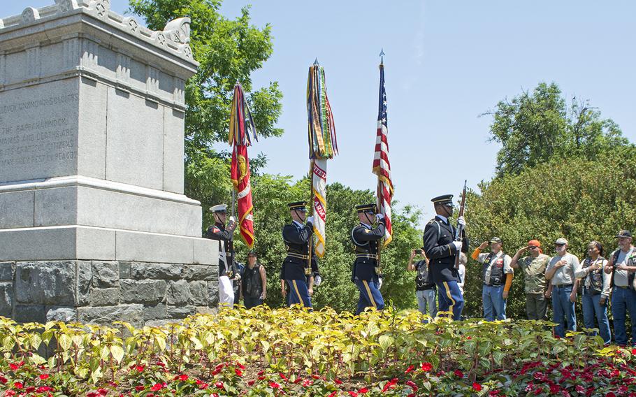 American Legion members hold a wreath-laying ceremony at the Civil War Unknown Monument - the original Tomb of the Unknown Soldier - at Arlington National Cemetery on May 28, 2016.
