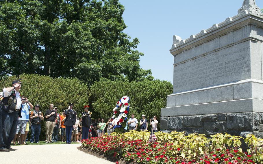 American Legion members hold a wreath-laying ceremony at the Civil War Unknown Monument - the original Tomb of the Unknown Soldier - at Arlington National Cemetery on May 28, 2016.