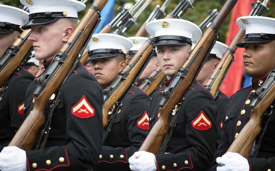 Marine march by during the 2016 Memorial Day Parade in Washington, D.C.