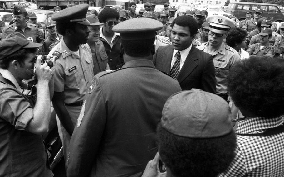 Muhammad Ali arrives at Sheridan Barracks in Augsburg, West Germany, in May, 1976. Ali had beaten Richard Dunn in a fight at Munich a few days earlier.