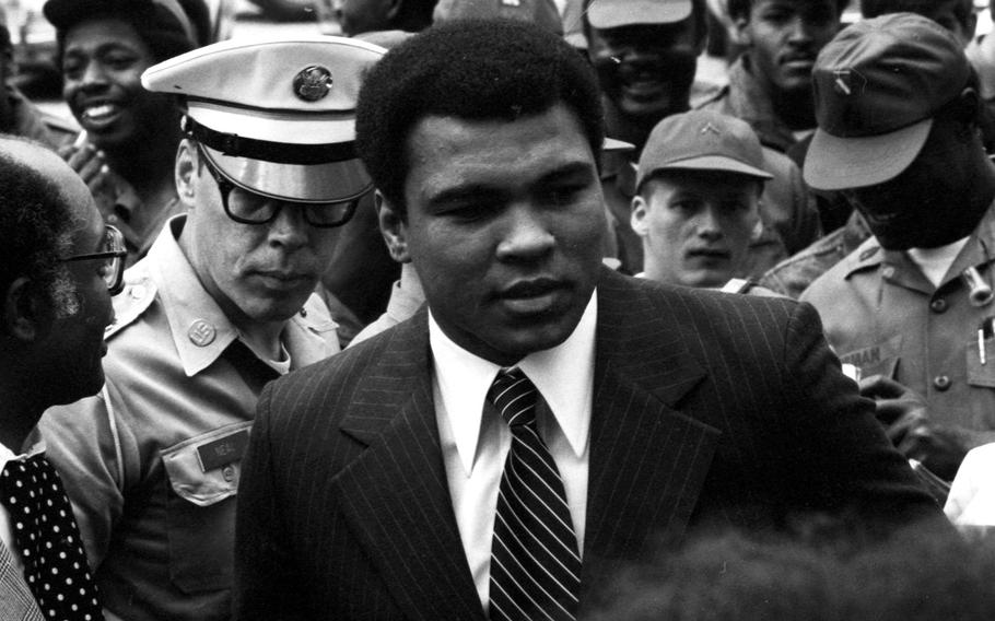 Muhammad Ali arrives at Sheridan Barracks in Augsburg, West Germany, in May, 1976. Ali had beaten Richard Dunn in a fight at Munich a few days earlier.