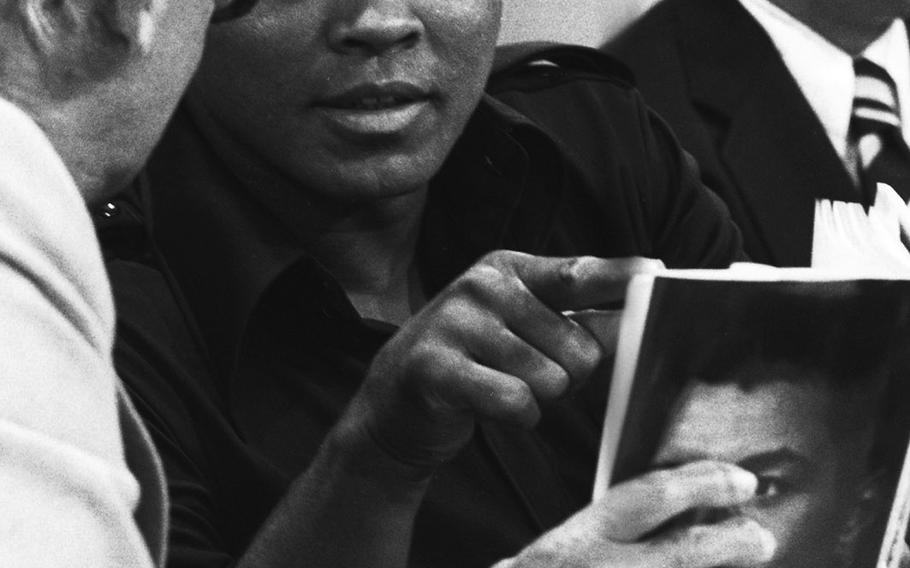 Muhammad Ali, during a press conference at Frankfurt International Airport in October, 1975. Ali, the reigning world heavyweight boxing champion after a TKO victory over Joe Frazier weeks before, was promoting his book at the Frankfurt book fair.