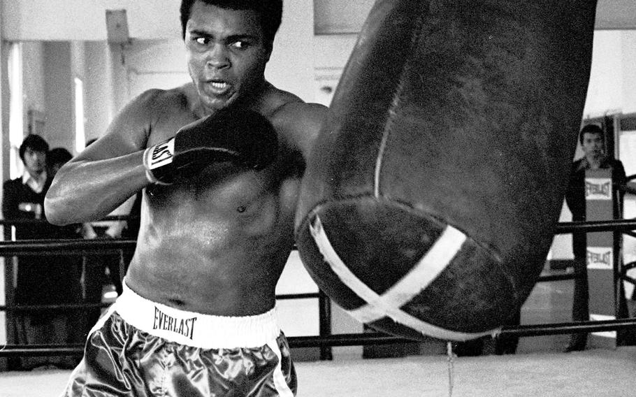 Muhammad Ali works out at Tokyo's Tanabe Gym in preparation for his upcoming fight with Mac Foster in 1972. He beat Foster in 15 rounds.