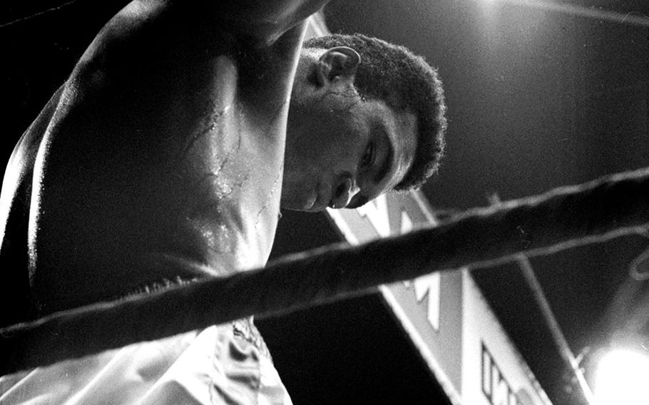 World heavyweight champion Muhammad Ali, during his fight with European champ Karl Mildenberger at Frankfurt's Forest Stadium in September, 1966. Ali beat Mildenberger in 12 rounds, giving the 24-year-old his 26th win (without a loss) as a professional.
