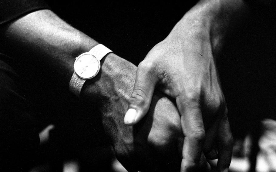 Muhammad Ali's hands, during a press conference at the Intercontinental Hotel in Frankfurt, West Germany, in August, 1966. Ali was to defend his heavyweight boxing title against European champion Karl Mildenberger in mid-September.