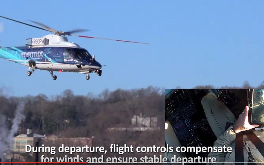 Screenshot of a Sikorsky S-76 helicopter in flight. Test pilots used a tablet to load the flight plan and initiate take-off, leaving system software to handle the flight controls and make adjustments.

