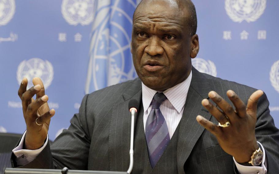 Ambassador John Ashe, of Antigua and Barbuda, the former president of the General Assembly's 68th session, speaks during a news conference at United Nations headquarters in September of 2013. Ashe died on Wednesday, June 22, 2016 at his home in Dobbs Ferry, New York. He was 61. 