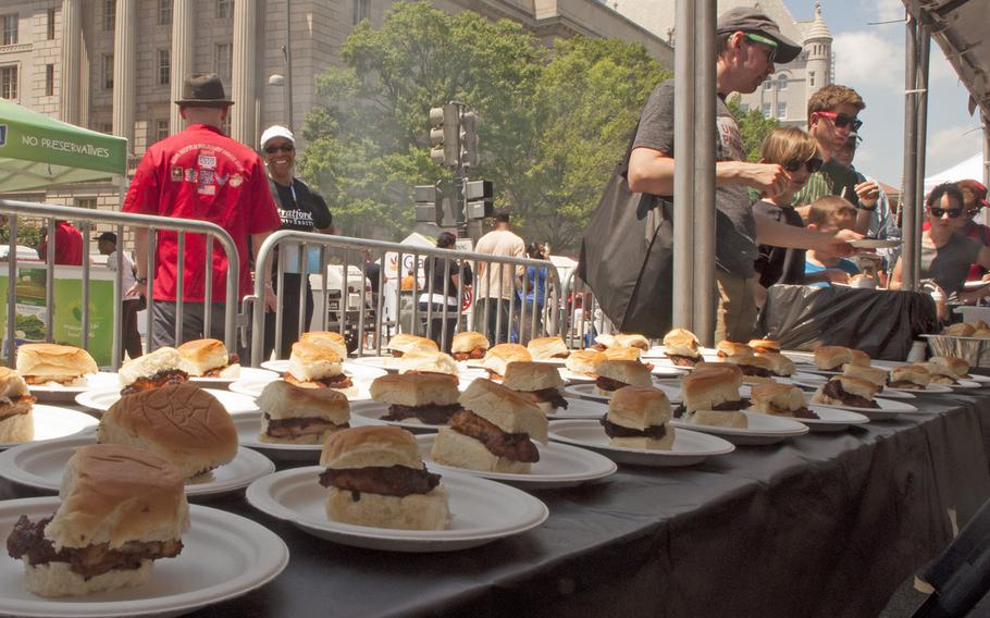 Burgers ready to enjoy at the start of the Military Chef Cook-Off - part of the Annual Giant National Capital Barbecue Battle - in Washington, D.C., on June 25, 2016