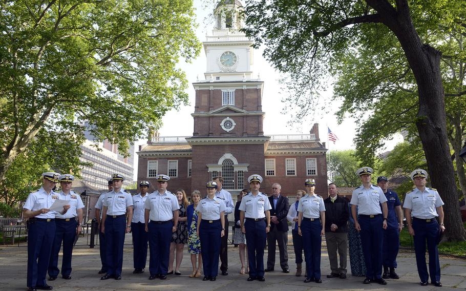 The U.S. Coast Guard holds a reenlistment and promotion ceremony for crew members at Independence Hall in Philadelphia, May 12, 2016.