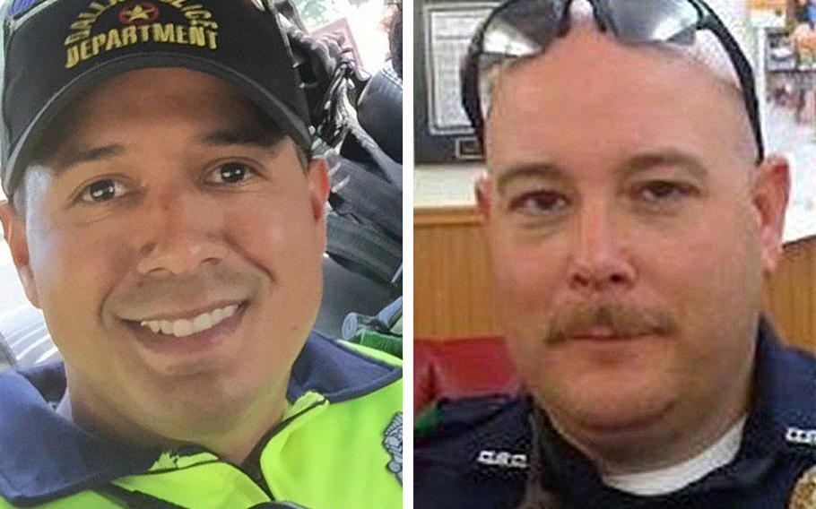 Patrick Zamarripa, left, and Brent Thompson were among the five police officers killed in a Dallas shooting attack on Thursday, July 7, 2016. The two are military veterans.