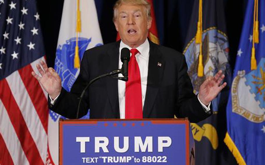 Republican Presidential candidate Donald Trump gestures during a speech in Virginia Beach, Va., Monday, July 11, 2016. 