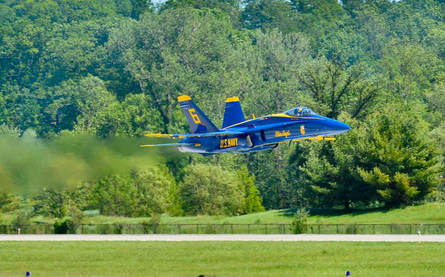 Capt. Jeff Kuss takes off and accelerates to perform a low transition/split S on takeoff at the Spirit of St. Louis Air Show on May 14, 2016.
