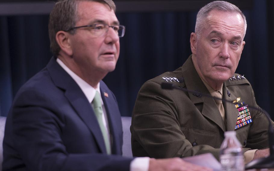 Secretary of Defense Ash Carter and U.S. Marine Gen. Joseph F. Dunford Jr., chairman of the Joint Chiefs of Staff, hold a press conference at the Pentagon, July 25, 2016. 