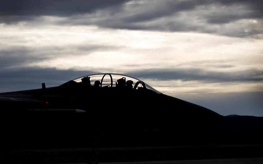 A U.S. Air Force F-15E Strike Eagle dual-role fighter aircraft assigned to the 336th Fighter Squadron, Seymour Johnson Air Force Base, N.C., prepares to take off Aug. 5, 2016, from Eielson Air Force Base, Alaska.