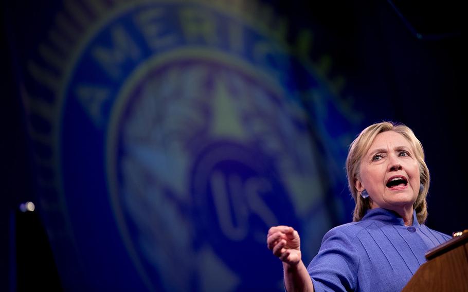 Democratic presidential candidate Hillary Clinton speaks at the American Legion's 98th Annual Convention at the Duke Energy Convention Center in Cincinnati, Ohio, Wednesday, Aug. 31, 2016.