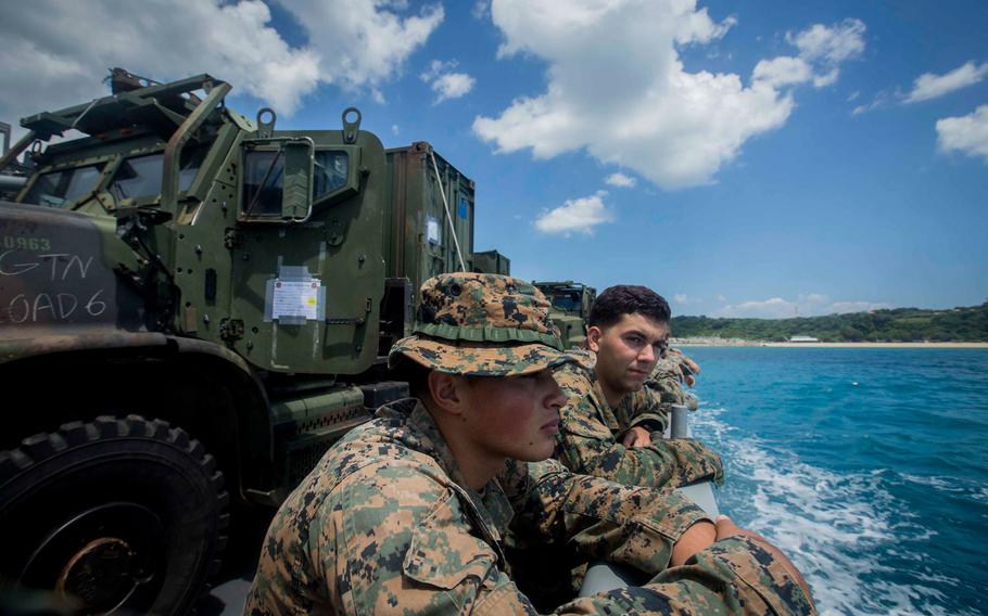 Marines with Company G, Battalion Landing Team, 2nd Battalion, 4th Marine Regiment, 31st Marine Expeditionary Unit, travel back to the USS Germantown after a humanitarian assistance and disaster relief exercise at White Beach, Okinawa, Japan, Aug. 30, 2016. The HADR exercise was held as part of the 31st MEU's fall patrol. The 31st MEU is the Marine Corps’ only continuously forward-deployed Marine Air-Ground Task Force, and is task-organized to address a range of military operations in the Asia-Pacific region, from force projection and maritime security to humanitarian assistance and disaster relief.
