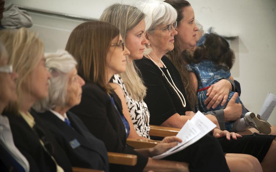 The funeral service for World War II WASP pilot Elaine Harmon at Arlington National Cemetery on Sept. 7, 2016. Family and friends of Harmon listen to Lt. Col. Caroline Jensen during the memorial service. 