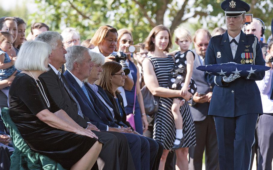 The funeral service for World War II WASP pilot Elaine Harmon at Arlington National Cemetery on Sept. 7, 2016. Terry Harmon, daughter of Elaine Harmon, receives the flag.