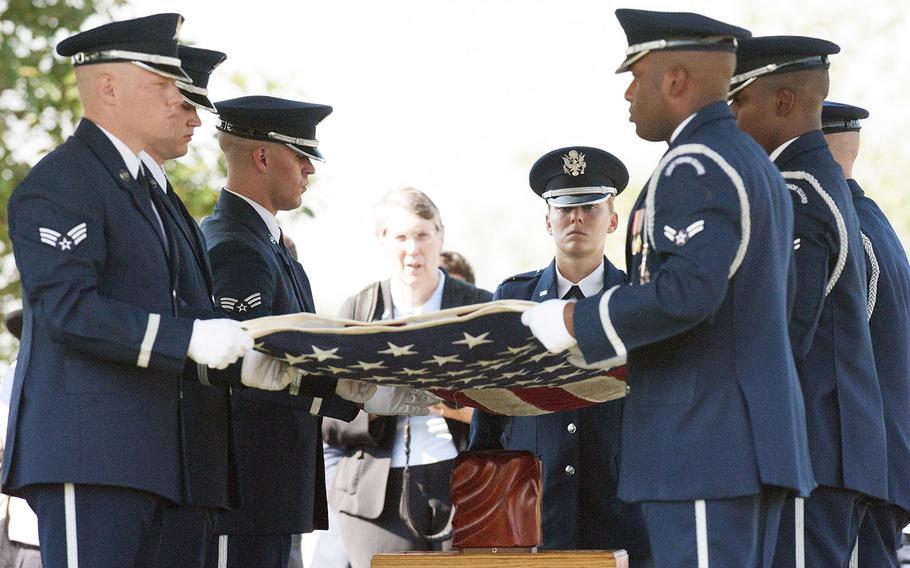 The funeral service for World War II WASP pilot Elaine Harmon at Arlington National Cemetery on Sept. 7, 2016.