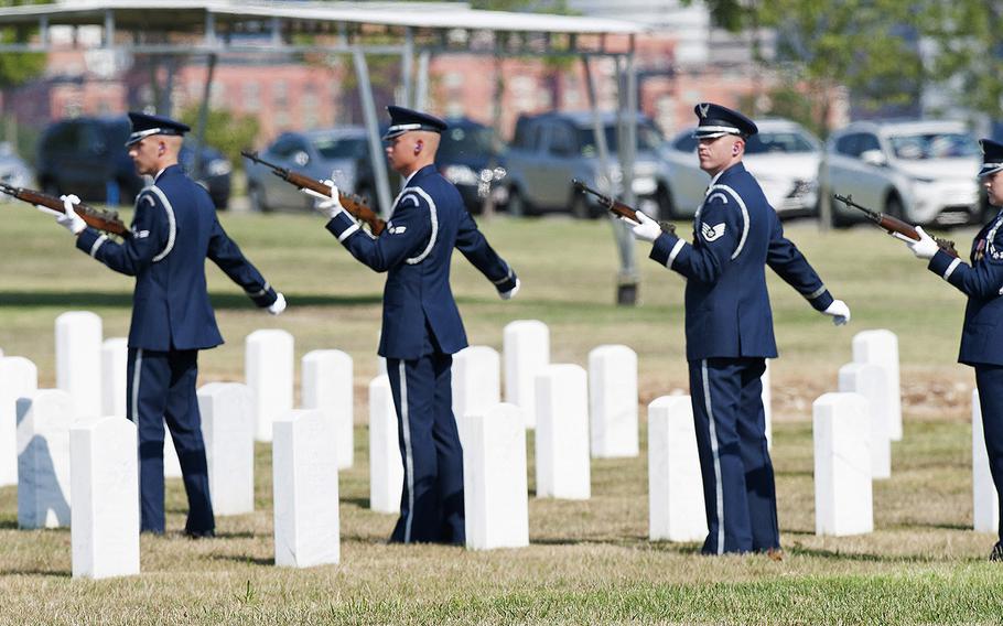 The funeral service for World War II WASP pilot Elaine Harmon at Arlington National Cemetery on Sept. 7, 2016.