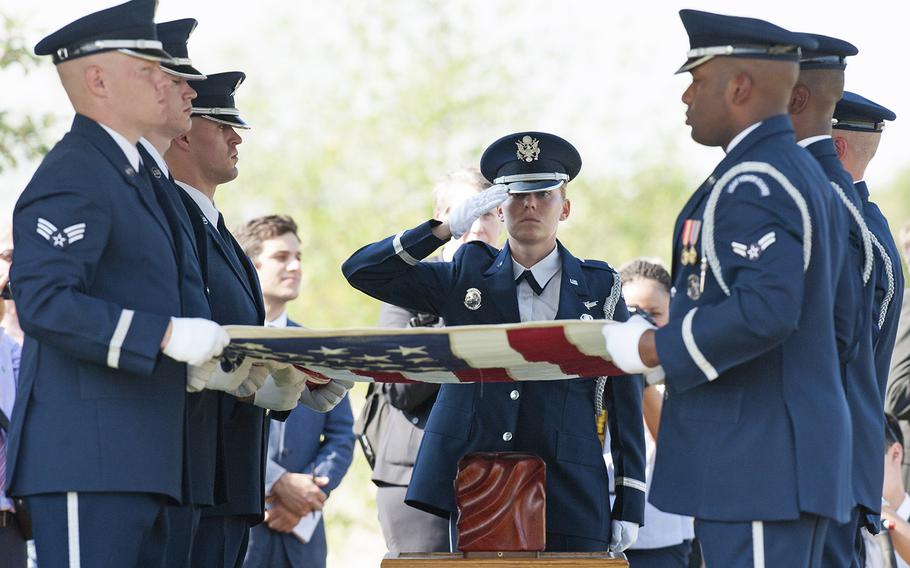 The funeral service for World War II WASP pilot Elaine Harmon at Arlington National Cemetery on Sept. 7, 2016.