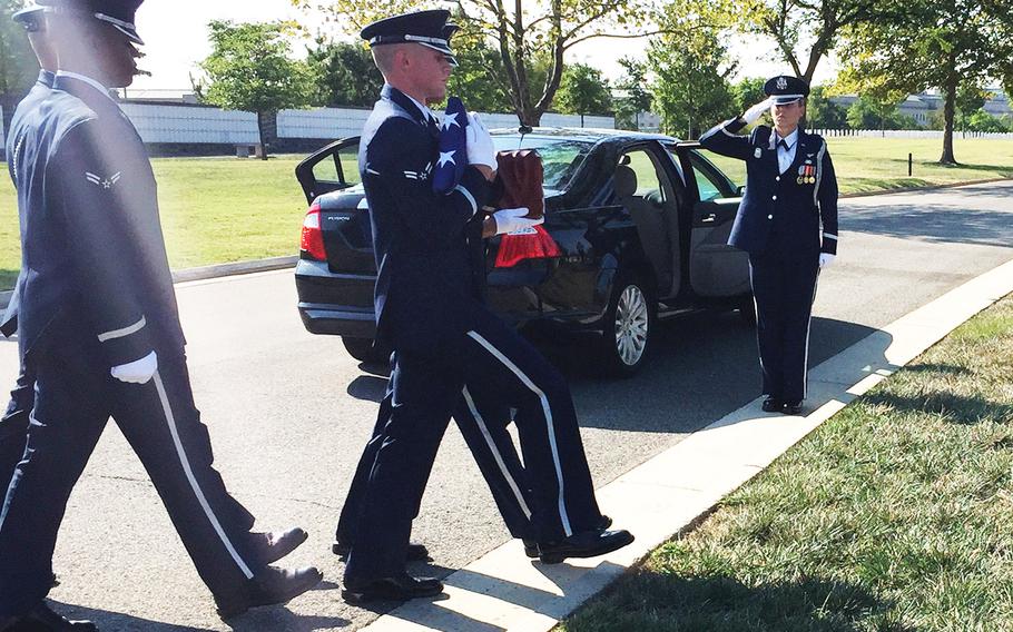 The funeral service for World War II WASP pilot Elaine Harmon at Arlington National Cemetery on Sept. 7, 2016.