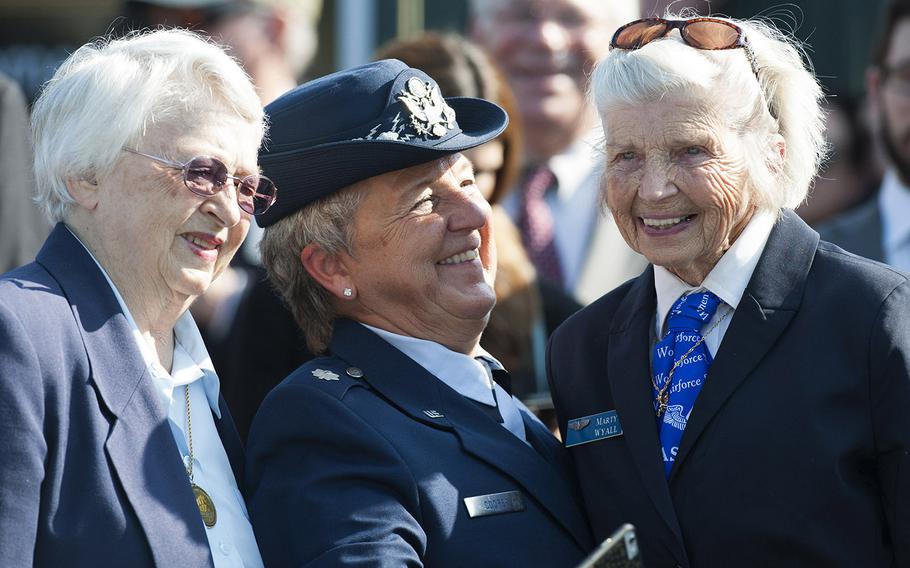 The funeral service for World War II WASP pilot Elaine Harmon at Arlington National Cemetery on Sept. 7, 2016. Ret. Brig. Gen. Wilma Vaught, fair left, speaks with WASP Marty Wyall, far right and an unidentified woman before the start of the funeral.