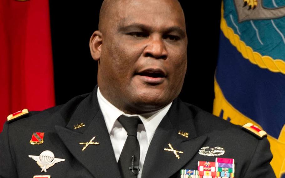 In a 2014 file photo, U.S. Army Col. Gregory D. Gadson speaks at the 29th Annual Dr. Martin Luther King, Jr. observance at the Pentagon.
