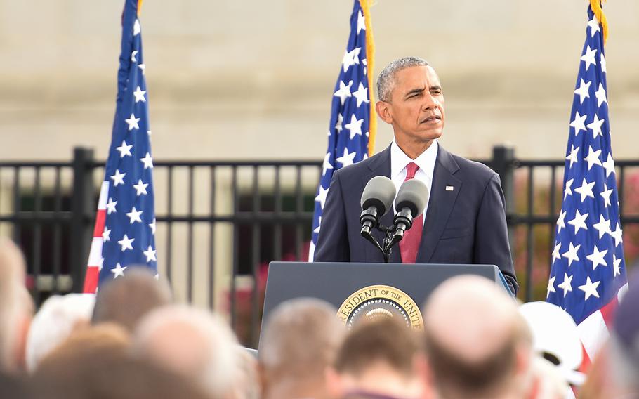President Barack Obama speaks on the 15th anniversary of the 9/11 terror attacks Sunday morning at the Pentagon.