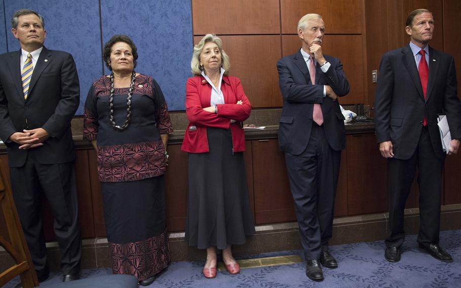 Among the lawmakers in attendance at the American Legion press conference on veterans benefits appeal reform Sept. 13, 2016 on Capitol Hill were, left to right, Sen. Steve Daines, R-Mont.; Rep. Aumua Amata Radewagen, R-American Samoa; Rep. Dina Titus, D-Nev.; Sen. Angus King, I-Maine; and Sen. Richard Blumenthal, D-Conn.