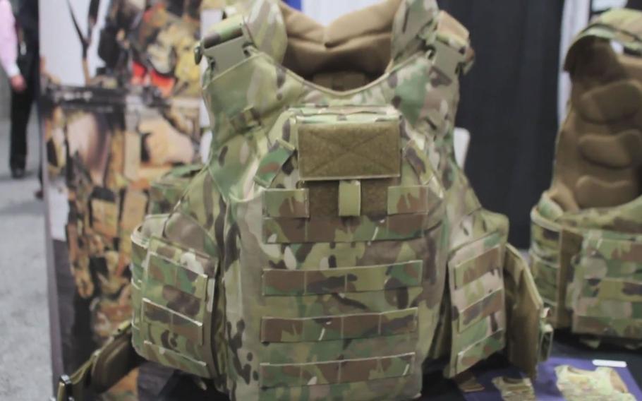 A tactical vest on display at the 2016 AUSA conference in Washington, D.C.