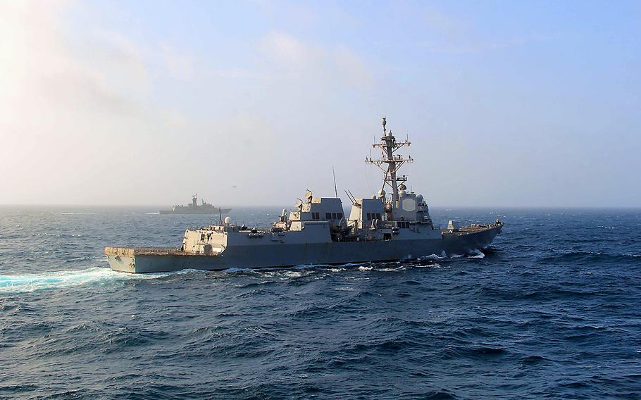 The USS Nitze takes part in an anti-submarine formation exercise on Aug. 28, 2016, while operating in the Persian Gulf. The guided-missile destroyer launched Tomahawk missiles at targets in Yemen on Oct. 13.
