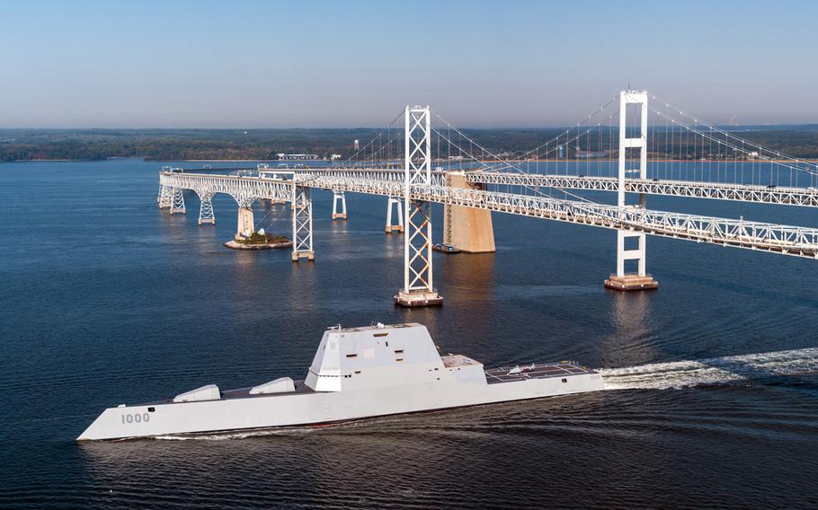 USS Zumwalt passes under the Gov. William Preston Lane Memorial Bridge, also known as the Chesapeake Bay Bridge, as the ship travels to its new home port of San Diego, Calif. Oct. 17, 2016. The Navy announced Tuesday, Nov. 22, 2016, that the ship suffered an engineering problem and had to be towed to a berth in Panama.