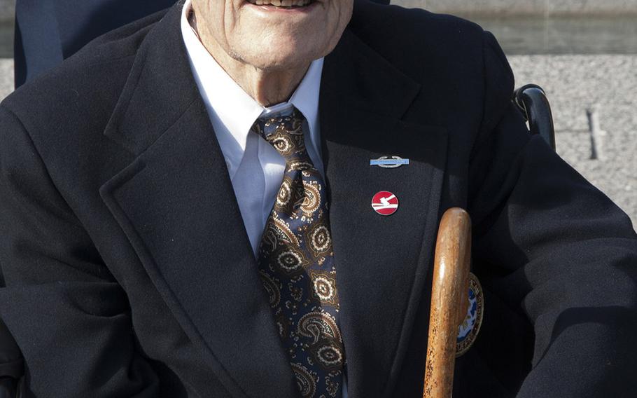 World War II veteran and author Allan Wilford Howerton, the keynote speaker, awaits the start of a Veterans Day ceremony at the National World War II Memorial in Washington, D.C., Nov. 11, 2016.