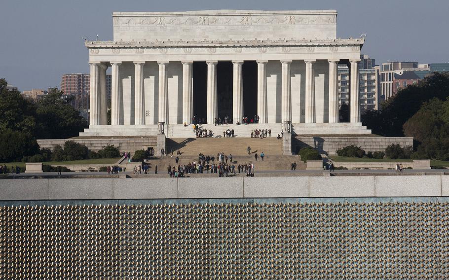 The Lincoln Memorial, as seen during a Veterans Day ceremony at the National World War II Memorial in Washington, D.C., Nov. 11, 2016.