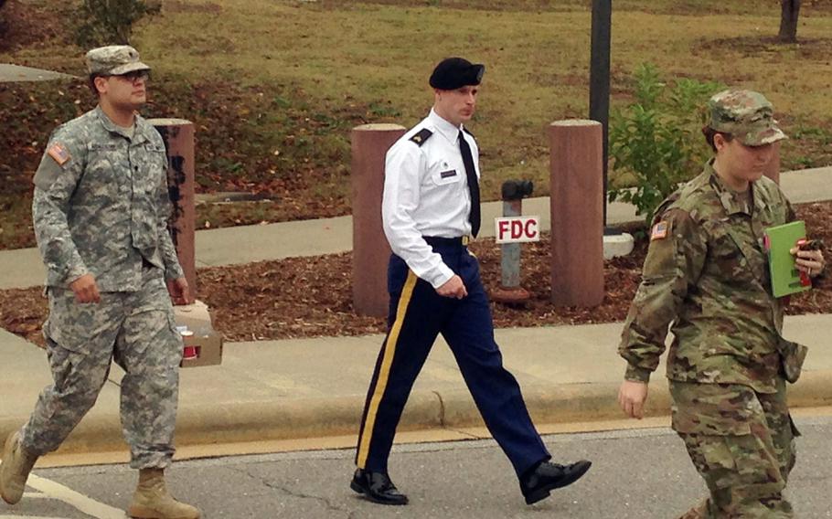 Army Sgt. Bowe Bergdahl is seen leaving a courtroom after a pretrial hearing in Fort Bragg, NC., Monday, Nov. 14, 2016. Bergdahl faces a military trial in 2017 on charges of desertion and misbehavior before the enemy after walking off his post in Afghanistan in 2009. 