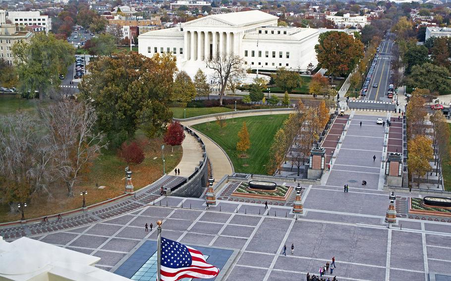 A view toward the east from the Capitol dome, with the courtyard above the visitors' center in the foregrouind and the Supreme Court beyond.
