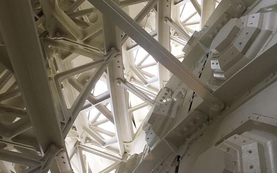 The framework that holds together the inner (right) and outer sections of the Capitol dome. The Apotheosis of Washington mural is on the other side of the right section.
