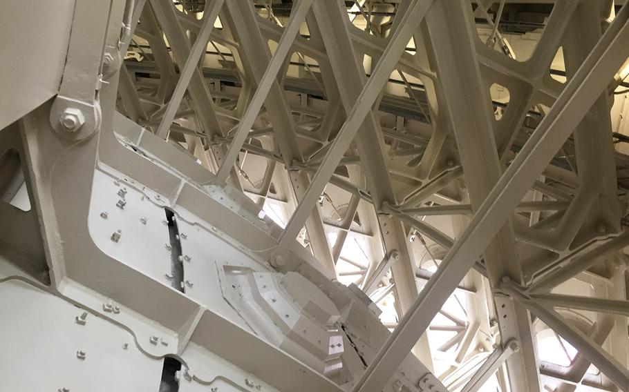 The framework that holds together the inner (left) and outer sections of the Capitol dome. The Apotheosis of Washington mural is on the other side of the left section.