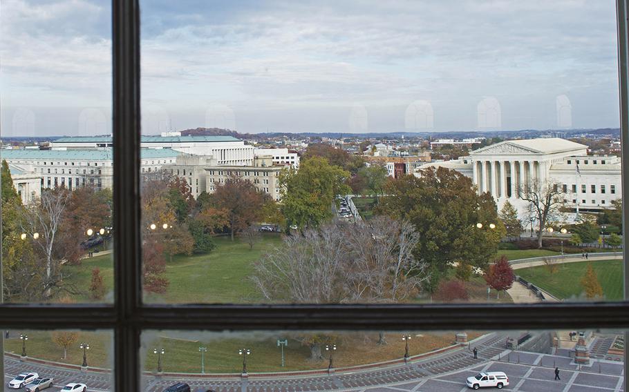 A view from the Capitol dome's "peristyle" level onto the Supreme Court and Senate office buildings.