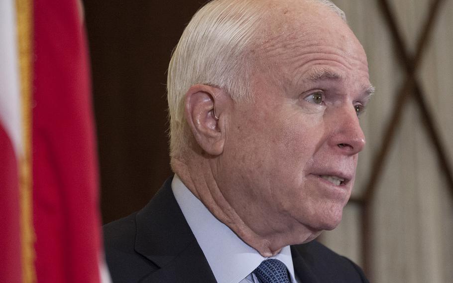 Sen. John McCain, R-Ariz., at a Capitol Hill press conference in April, 2016. McCain is readying a probe of possible Russian cyber-incursions into U.S. weapons systems. 