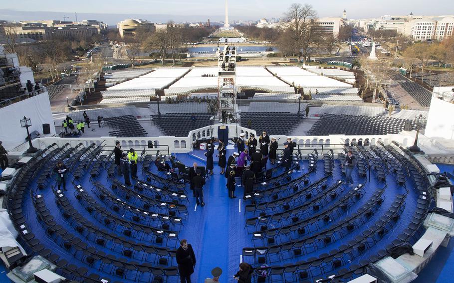 The view from the U.S. Capitol down the National Mall during an inauguration rehearsal at the U.S. Capitol, Jan. 15, 2017.